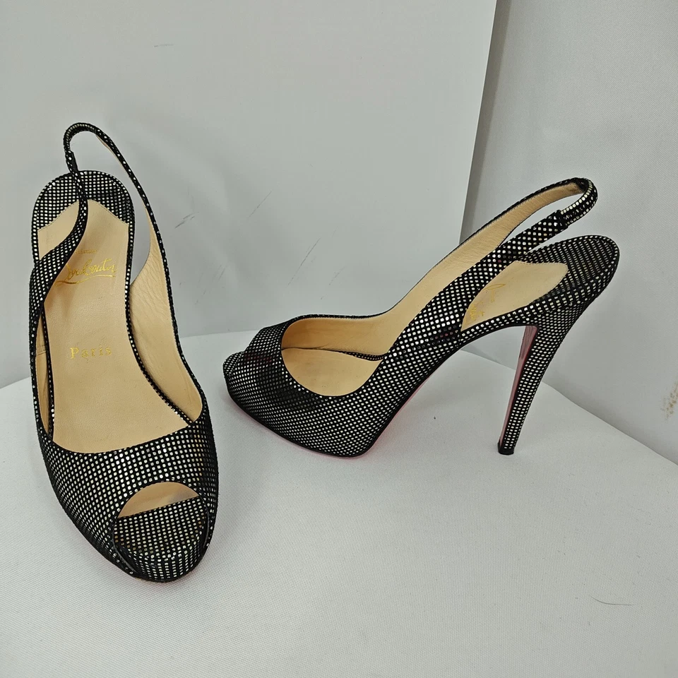 Christian Louboutin Heels Size 8 EU 39 Black Gold Slingback Open Toe Stilettos - Image 1 of 4