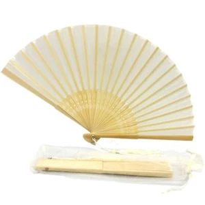 Hand Fan Ivory Silky Feel Fabric Bamboo Ribs Organza Bag Wedding Party Favour - Picture 1 of 12