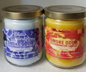 Smoke Odor 13 oz Candles 2 Fragrances Set Blue Serenity/Fall N Leaves. - Picture 1 of 3