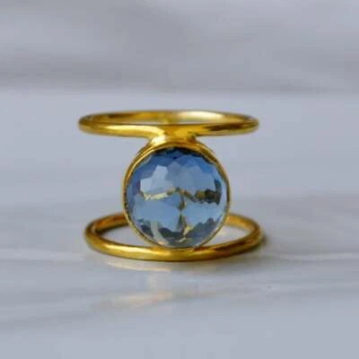 Anillo Doble Banda Oro Amarillo Plata Esterlina Cuarzo Azul Londres Corte Rosa Foto 1 de 4
