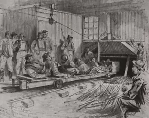 Die Primel-Goldmine, Johannesburg: Bergleute gehen zur Arbeit. Südafrika 1896 - Bild 1 von 1