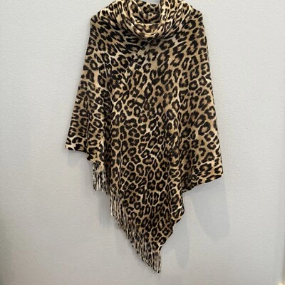 Poncho Top Chicos Mujer Talla Única Marrón Estampado Leopardo Capucha Cuello Flecos Foto 1 de 4