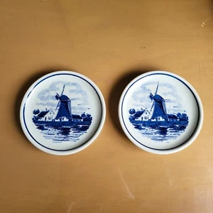 Vintage Paar Holland Mini Deko 4 Zoll Wandteller blau Windmühle Szene - Bild 1 von 5