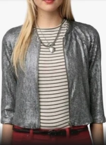 Urban Outfitters Silence+Noise Sequin Bomber Jacket Gray Silver Zip Crop Sz L - Picture 1 of 7