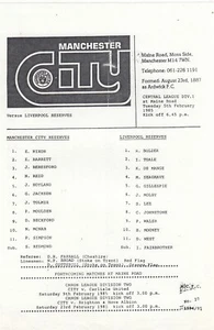 Manchester City Reserves v Liverpool Reserves 1984/5 (5 Feb) Single Sheet - Picture 1 of 1
