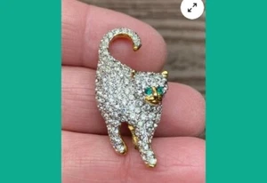 Vintage Schmuck wunderschöne Kristall Strass Kätzchen Katze Anstecknadel Brosche mit grünen Augen - Bild 1 von 2