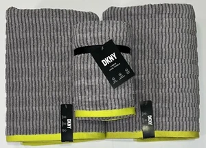 4 pc DKNY Gray Striped Highlighter Green/ Yellow Towel Set 2 Bath 2 Hand Towels - Picture 1 of 11