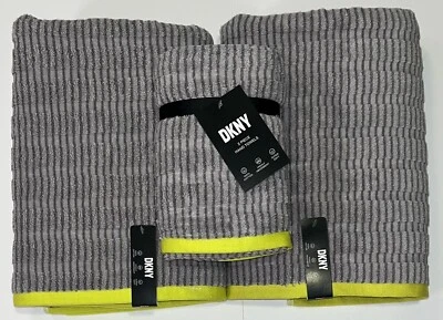 Juego de toallas resaltadoras de 4 piezas DKNY grises a rayas verde/amarillo 2 toallas de baño 2 de mano Foto 1 de 4