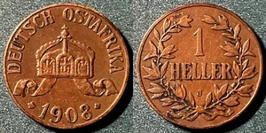 German East Africa 1908 J 1 Heller - Wilhelm II KM-7 Bronze aXF #25 - Picture 1 of 1