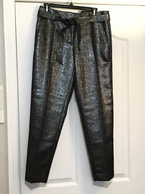 Ann Taylor LOFT Black W/ Silver Specs Pants. Size 4. Tie Belt. Inseam 28”. NEW. - Image 1 of 4