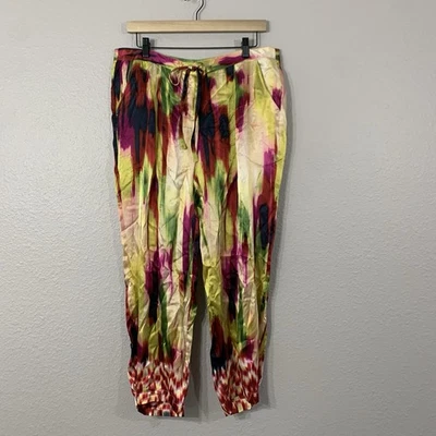 CAbi Women's 100% Silk Multicolored Caravan Pants Ankle Snaps Pockets Tie Size M - Image 1 of 4