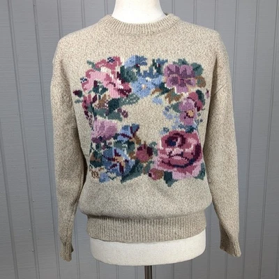 Suéter Vintage Años 90 Eddie Bauer Mezcla de Lana Floral CottageCore Mediano Foto 1 de 4