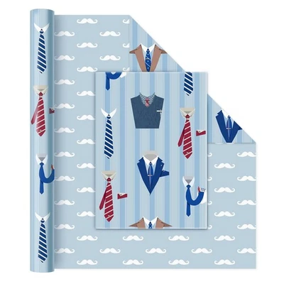 17 inch x 33 FT Fathers Day Wrapping Paper Roll Blue Reversible Gentlemen Gift - Image 1 of 4