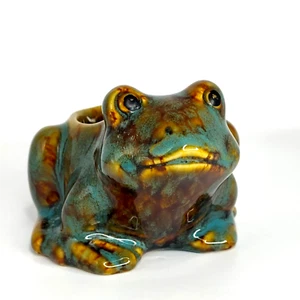 Ceramic Frog Votive Tealight Holder Blue Brown Glaze - Picture 1 of 7