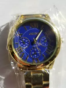 Geneva goldfarbene Herrenuhr blaues Zifferblatt NEU - Bild 1 von 5
