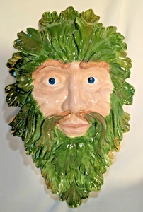 Grüner Mann Blatt Maske männlich Garten Wald Gesicht Keramik Wandrelief Kunst Dekor Glanz - Bild 1 von 16