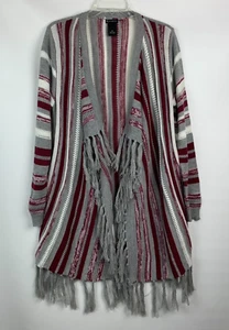 NewDirections Cardigan Burgundy/Gray/White Open Front Long Sleeve Fringe Trim XL - Picture 1 of 7