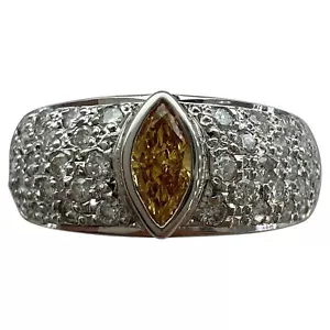 Natural Fancy VIVID Orange Yellow Marquise Cut Diamond Platinum Pave Band Ring - Picture 1 of 12