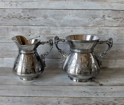 Antigua jarra plateada y cuenco de basura patrón de pájaro grabado Meriden #1933 Foto 1 de 4