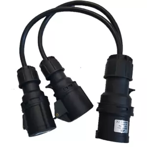 Schwarz Schwerlast 32A Stecker auf 2 x 16A Steckdosen 0,5 m IP44 Power Splitter 240 V 3 Pin - Bild 1 von 2