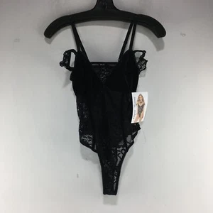 Elegant Moments Off the Shoulder Deep V Lace Bodysuit, Women's Size 1X - Black - Picture 1 of 10