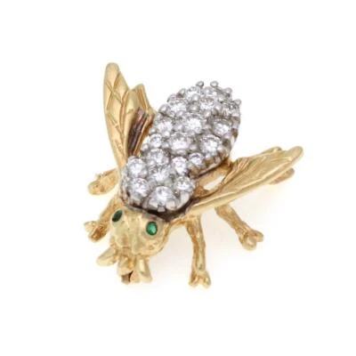 Vintage 1.00ct Diamond Emerald 14k Two Tone Gold Bee Pin LIQUIDATION - Image 1 of 4