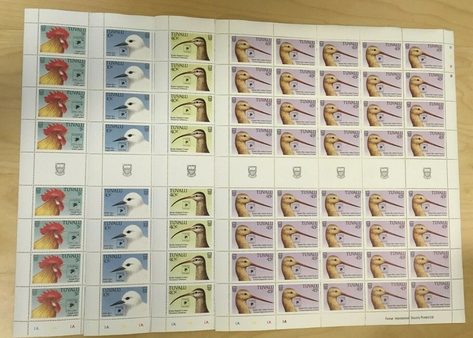  FOLHAS COMPLETAS Tuvalu 1994 SC 676-9 - Pássaros, Singpex Ovpt - 4 Folhas de 40 - MNH - Imagem 1 de 1