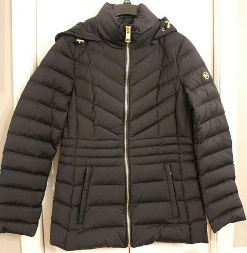 Nuovo cappotto piumino donna Michael Kors impacchettabile nero con cappuccio taglia S