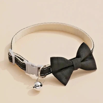 Velvet Bow Tie Pet Collar Cat Dog Safety Buckle w/ Bell Black 7.48-12.60 in - Image 1 of 4