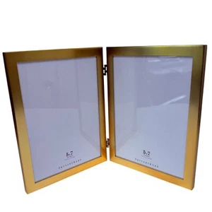 POTTERY BARN Double Photo Frame Goldtone Metal 5x7 Picture Modern Minimalist - Picture 1 of 8