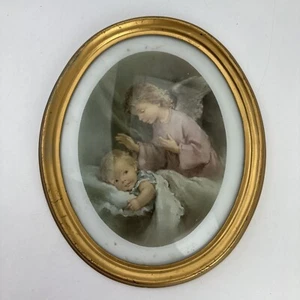 Sleeping Baby & Angel Oval VTG 13" Framed Picture - Picture 1 of 4