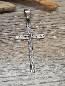 Mens Real Solid 925 Sterling Silver Cross Hip Hop Pendant Wood Grain Design - Picture 1 of 6