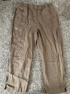 ANDREA JOVINE Brown Linen Pants Sz Large Elastic Waist Pockets Pull On Lagenlook - Picture 1 of 8
