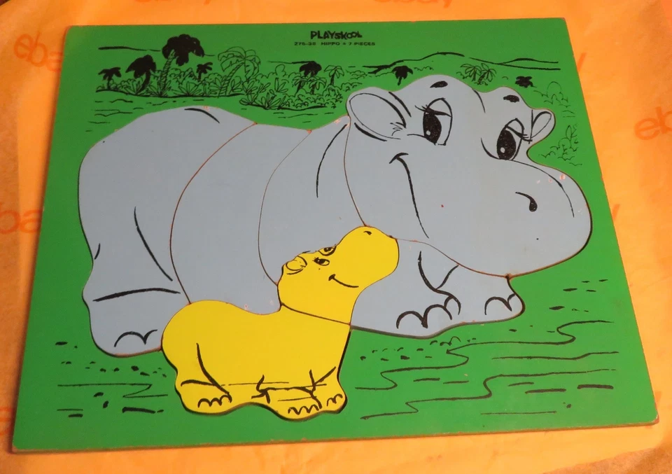 Rompecabezas de hipopótamos PLAYSKOOL de madera vintage #275-38 7 piezas bandeja de madera verde y azul 2 Foto 1 de 4