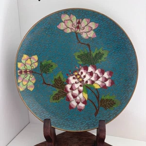Vintage Emaille Cloisonne Messing Teller Floral Blume Türkis Blau Gold 6" Schmuckstück - Bild 1 von 8