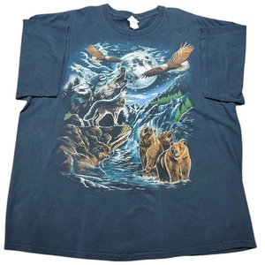 Camicia uomo lupo orso aquila natura vintage etichetta 2XL luna montagne outdoor blu - Foto 1 di 6