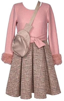 NUEVO Bonnie Jean Niñas Talla 16 "ROSA CREPÉ BRONCEADO BOUCLE" Vestido Tejido X-Bag Conjunto Nuevo con Etiquetas Foto 1 de 3