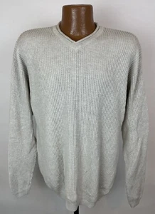 Vintage 90s Ivory V-neck Sweater XL Ribbed Knit Cotton Pullover Minimal Grunge - Picture 1 of 11