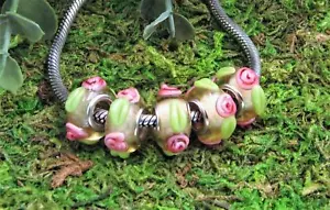 Juego de dijes de cuentas europeas chapados en plata amarillos con flores rosadas/5 - Imagen 1 de 2