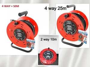 2 & 4 Gang Wege 10m, 25m, 50m Elektro Verlängerungskabel Rolle Netzstecker Buchse Kabel - Bild 1 von 4
