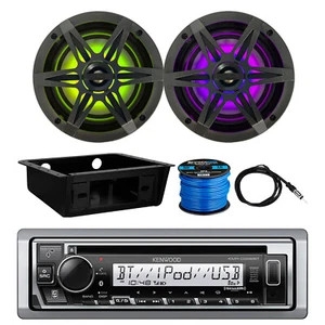 Kenwood Marine CD Radio, 2x 6.5" LED Speaker w/Grille, Antenna,Wire, Install Kit - Picture 1 of 8