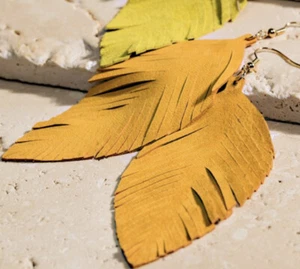 NWT Mustard Yellow Leather Earrings Tassel Leaf Statement Fashion Jewelry - Picture 1 of 1