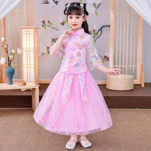 Kid Girl Hanfu Tang Suit Two-piece Set Tops Skirt Suit Tassel Fringe Embroidery - Picture 1 of 11
