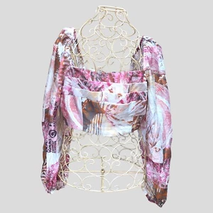 Sheike Crop Top 12 Pink Puffy Sleeves Postcard Print Pleated Linen Blend Blouse - Picture 1 of 8