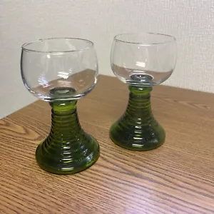 Vintage Roemer Style Etched Cordial Wine Goblet Glasses Green Stem Set 2 Small - Picture 1 of 3