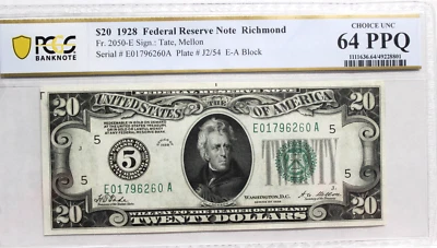 1928 $20 Dollars FRN RICHMOND, Numerical Seal, PCGS 64 PPQ Fr 2050-E BEAUTIFUL - Image 1 of 4