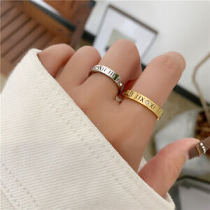 4mm Woman 18k Gold Plated Roman Numeral CZ Band Ring Wedding Friendship 