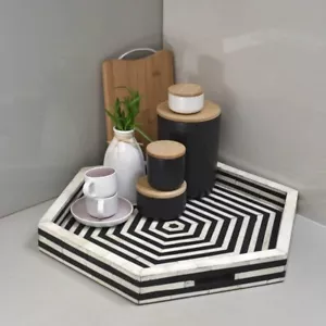 Handcrafted Hexagon Black &White Ottoman Bone Inlay Stripes Pattern Serving Tray - Picture 1 of 5