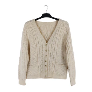 Hand Knit Women's Size Large Cream 100% Acrylic Aran Cable Knit Cardigan Pockets - Picture 1 of 7