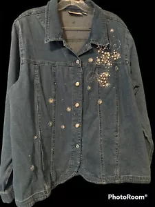 🌟Quacker Factory Size Large Denim Jean Jacket- Shirt, Pearls & Rhinestones - Picture 1 of 8